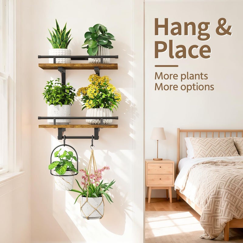 LASZOLA 2Pcs Wall Mount Plant Shelves with 4 Hangers for Indoor, Heavy Duty Metal and Wood Window 2 Tier Floating Flower Holders Stand for Kitchen Bathroom, Modern Display Bracket Rack, Rustic Brown - Image 2