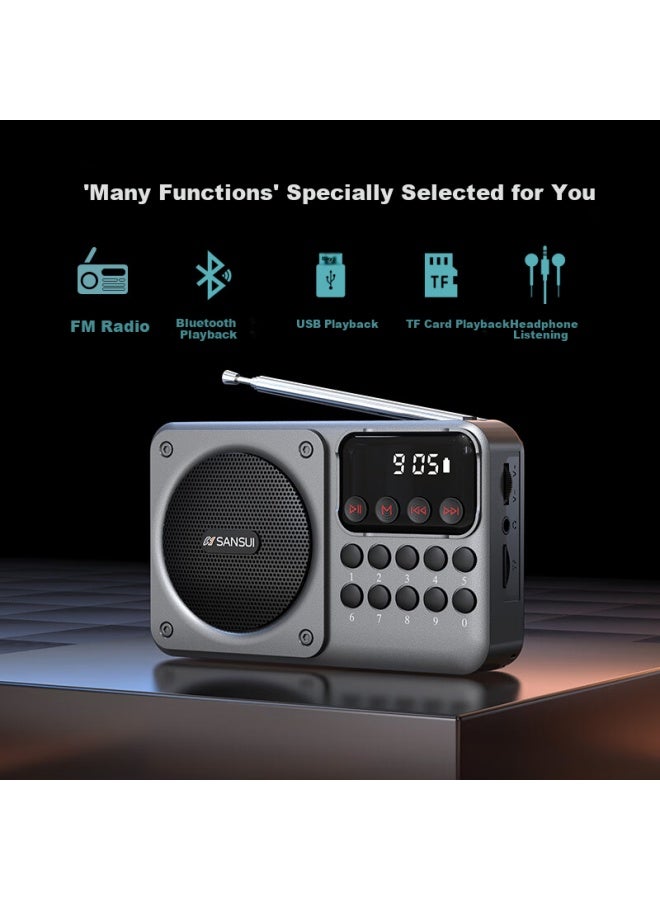 Sansui راديو M39 لكبار السن، قابل لإعادة الشحن، قابل لإدخال بطاقة، مكبر صوت صغير، محمول، ضبط FM، راديو بث، مكبر صوت بلوتوث، مشغل موسيقى، رمادي - Image 2