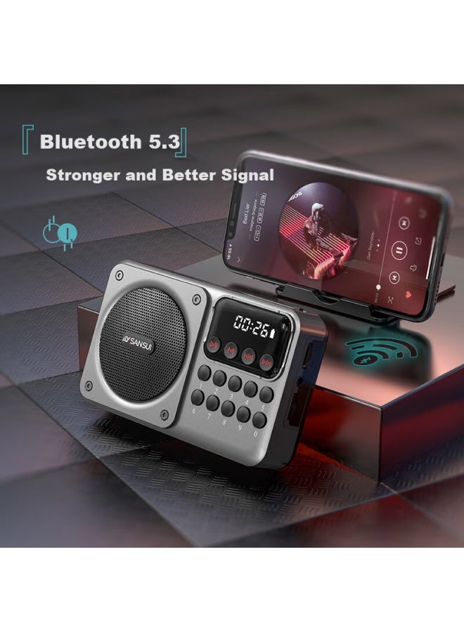 Sansui راديو M39 لكبار السن، قابل لإعادة الشحن، قابل لإدخال بطاقة، مكبر صوت صغير، محمول، ضبط FM، راديو بث، مكبر صوت بلوتوث، مشغل موسيقى، رمادي - Image 3