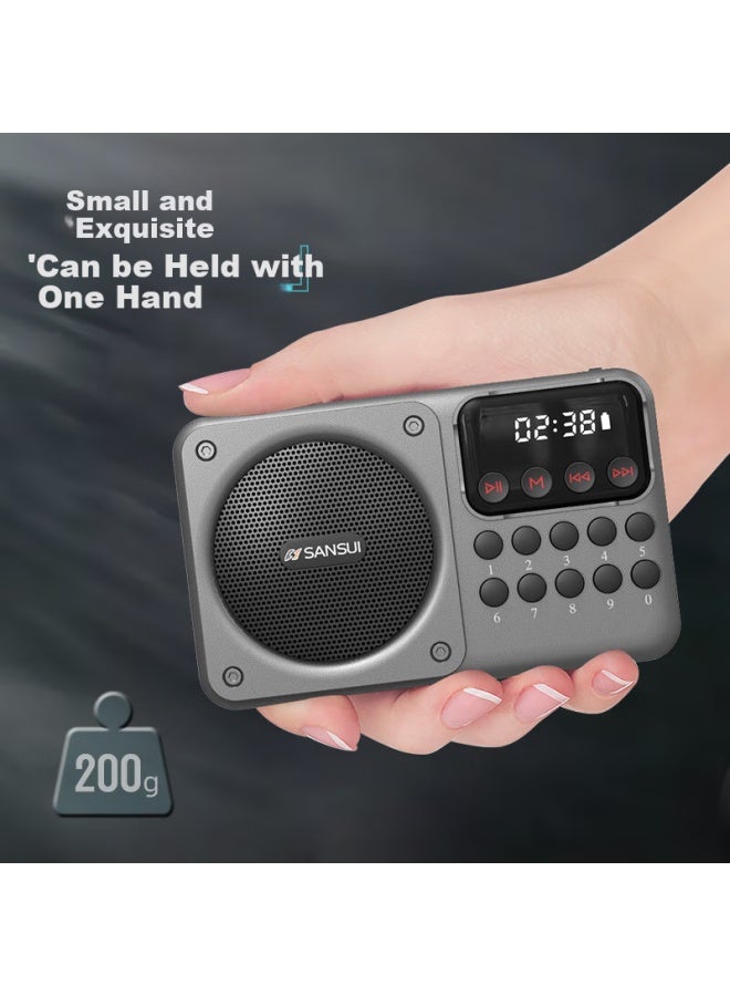 Sansui راديو M39 لكبار السن، قابل لإعادة الشحن، قابل لإدخال بطاقة، مكبر صوت صغير، محمول، ضبط FM، راديو بث، مكبر صوت بلوتوث، مشغل موسيقى، رمادي - Image 1