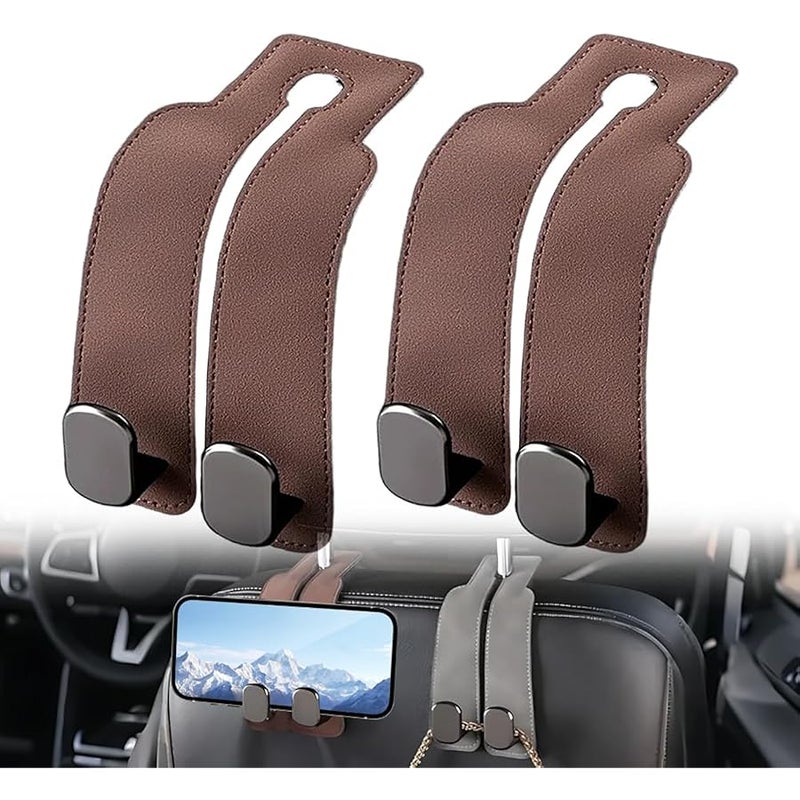 Headrest Hooks for Car, 2026 New Leather Headrest Hooks for Car, Multifunctional Double Hook Holder for Convenient Storage, Auto Hooks Organizer for Handbag Purse Coat Bags (Brown,2) - Image 1