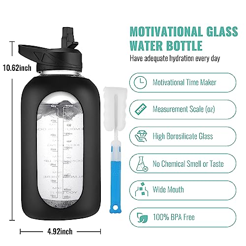 CIVAGO 64 oz Glass Water Bottle Jug with Straw and Handle, Half Gallon Sports Motivational Bottle with Time Marker and 2 Lids, Flask Canteen with Silicone Sleeve for Gym, Sage - Image 2