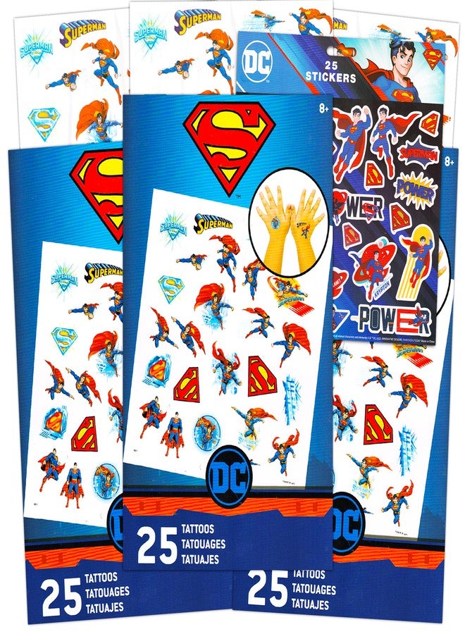 Superman Stickers & Tattoos Party Favor Pack Bundle ~ 75 Temporary Tattoos With Stickers (Superman Party Supplies) - Image 1