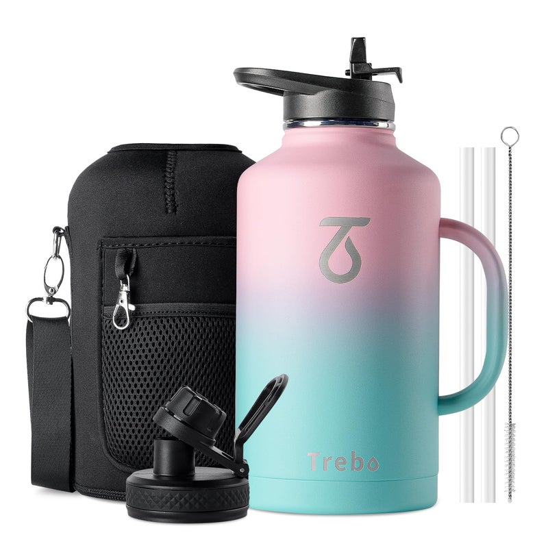 Trebo Insulated Water Bottle 2L Metal Bottle with Handle Stainless Steel Metal Large Jug Travel Flask with Straw Spout Lid Mug Tumbler Cup with Carry Pouch Keep Cold Hot Pink