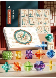 Luban Intelligence Lock Kongming Lock Complete Set Of Children's Educational Toys 8-12 Years Old 6 Primary School Students Unlock Entry Level-Color:Guoyun High-grade Gift Box⭐A- From Easy To Difficult [12-piece Set] To Send Tutorial