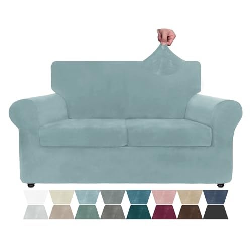 ZNSAYOTX Luxury Velvet Sofa Cover 3 Piece 5770 Stretch Loveseat Covers for 2 Cushion Couch Thick Soft Couch Slipcover with Non Slip Strap Dog Pet Friendly Nice Furniture Protector Stone Blue