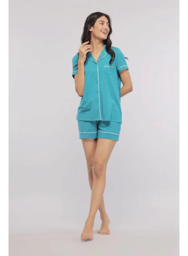 NeceSera Teal With White Piping Shorts Set