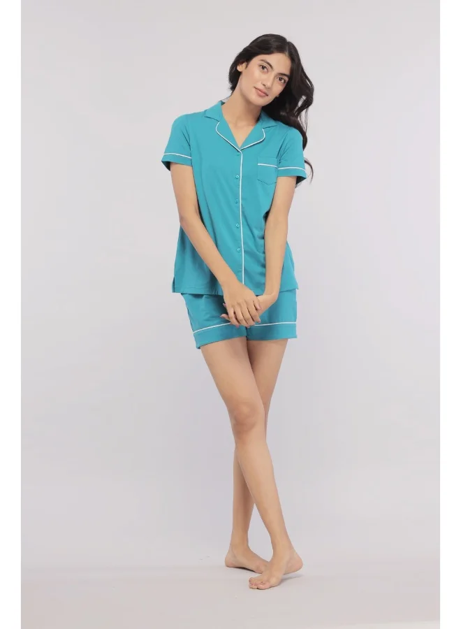 NeceSera Teal With White Piping Shorts Set