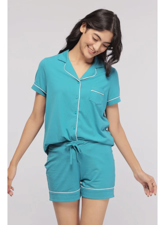 NeceSera Teal With White Piping Shorts Set