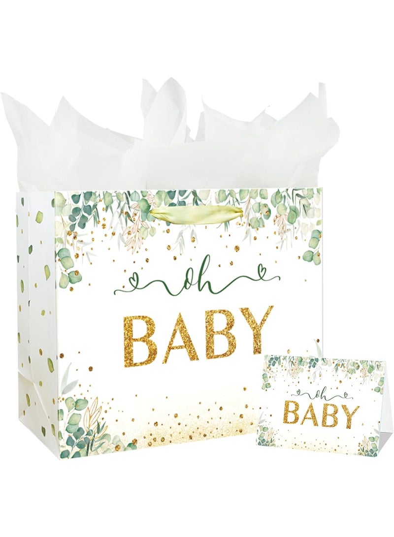 CUNUUDOOL 33cm Gift Bag Large With a Green Leaf Design Baby Boy Girl Bag For Baby Shower With Handles And Tissue Paper, Cards For Baby Party Favors Wrap, Kids Parties,(Green,33*12*26cm) - Image 1
