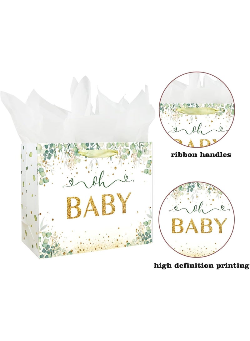 CUNUUDOOL 33cm Gift Bag Large With a Green Leaf Design Baby Boy Girl Bag For Baby Shower With Handles And Tissue Paper, Cards For Baby Party Favors Wrap, Kids Parties,(Green,33*12*26cm) - Image 2