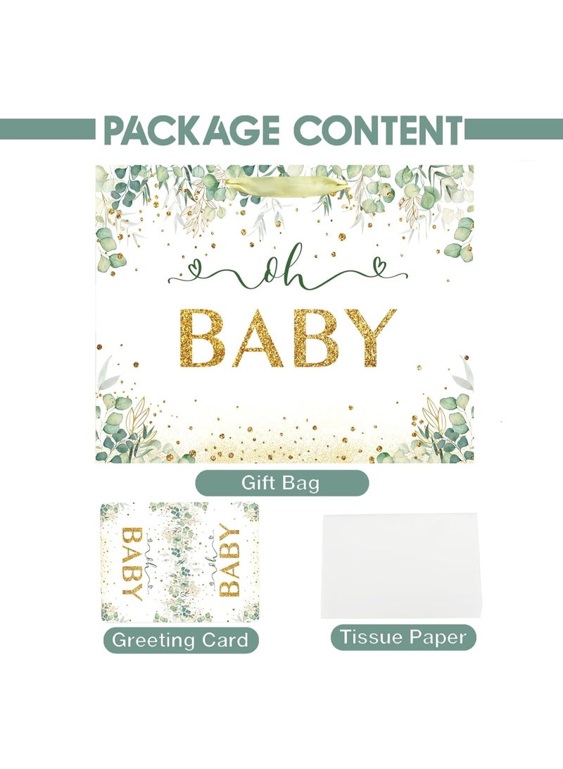 CUNUUDOOL 33cm Gift Bag Large With a Green Leaf Design Baby Boy Girl Bag For Baby Shower With Handles And Tissue Paper, Cards For Baby Party Favors Wrap, Kids Parties,(Green,33*12*26cm) - Image 4