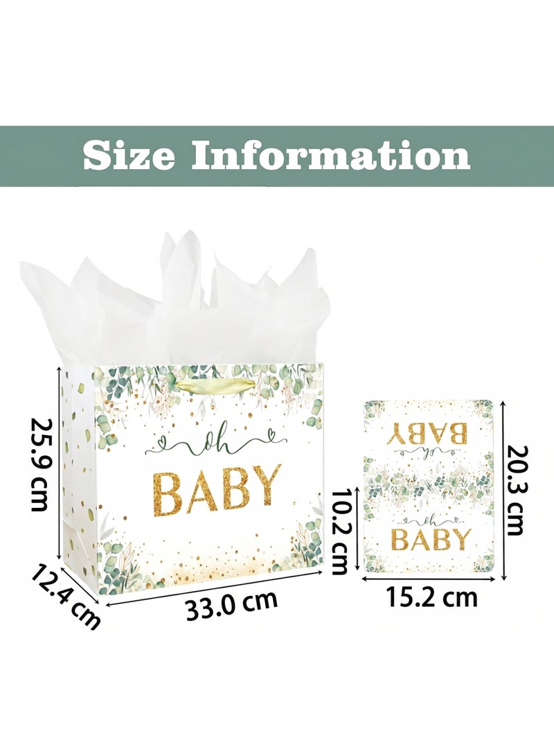 CUNUUDOOL 33cm Gift Bag Large With a Green Leaf Design Baby Boy Girl Bag For Baby Shower With Handles And Tissue Paper, Cards For Baby Party Favors Wrap, Kids Parties,(Green,33*12*26cm) - Image 5