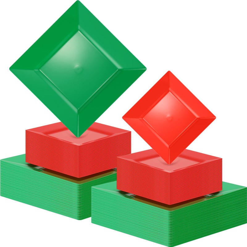 Maxcheck 80 PCS Square Combo Christmas Plates Set Includes 40 PCS Green Dessert Plates 40 PCS Red Disposable Plastic Plates Dinnerware Heavy Duty Xmas Dessert Plates Bulk for Christmas 65 95