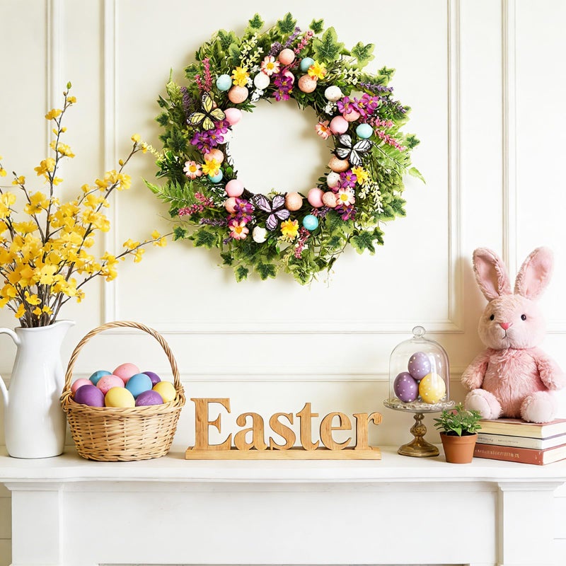 MAINGKAUNG Easter Wreath 22 Inch Easter Wreaths for Front Door with Colorful Egg Yellow Daisy Purple Lavender and Butterflies for Porch Window Farmhouse Party Decoration - Image 4