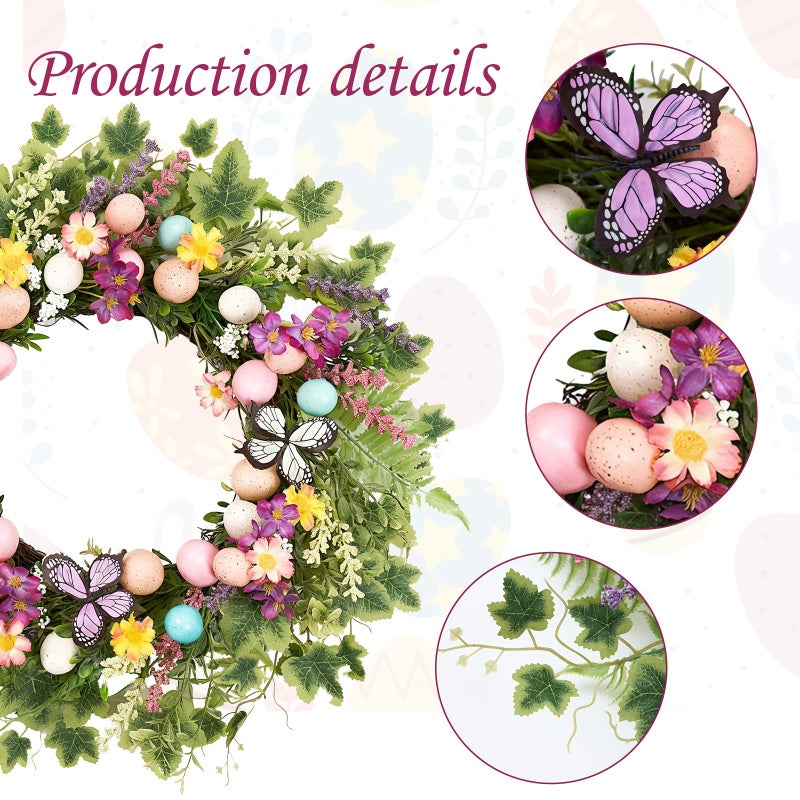 MAINGKAUNG Easter Wreath 22 Inch Easter Wreaths for Front Door with Colorful Egg Yellow Daisy Purple Lavender and Butterflies for Porch Window Farmhouse Party Decoration - Image 3