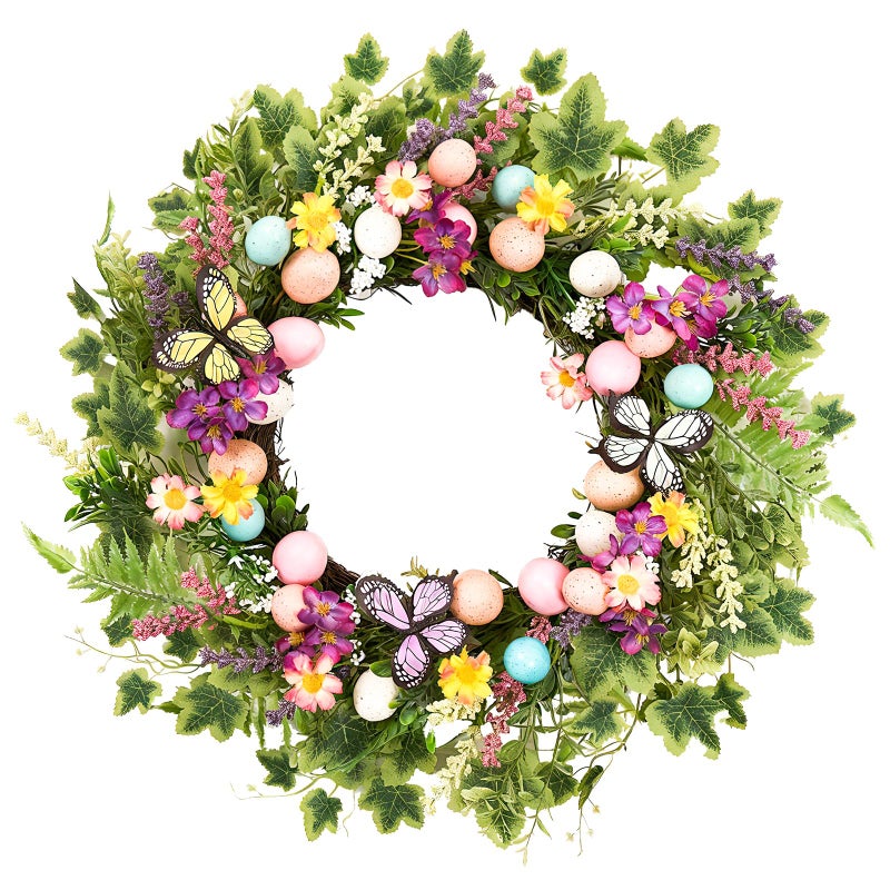 MAINGKAUNG Easter Wreath 22 Inch Easter Wreaths for Front Door with Colorful Egg Yellow Daisy Purple Lavender and Butterflies for Porch Window Farmhouse Party Decoration - Image 1