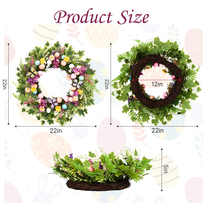 MAINGKAUNG Easter Wreath 22 Inch Easter Wreaths for Front Door with Colorful Egg Yellow Daisy Purple Lavender and Butterflies for Porch Window Farmhouse Party Decoration - Image 2