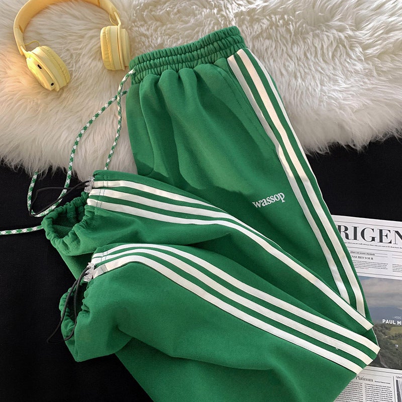 Vintage American Striped Joggers Men Oversized Drawstring Green