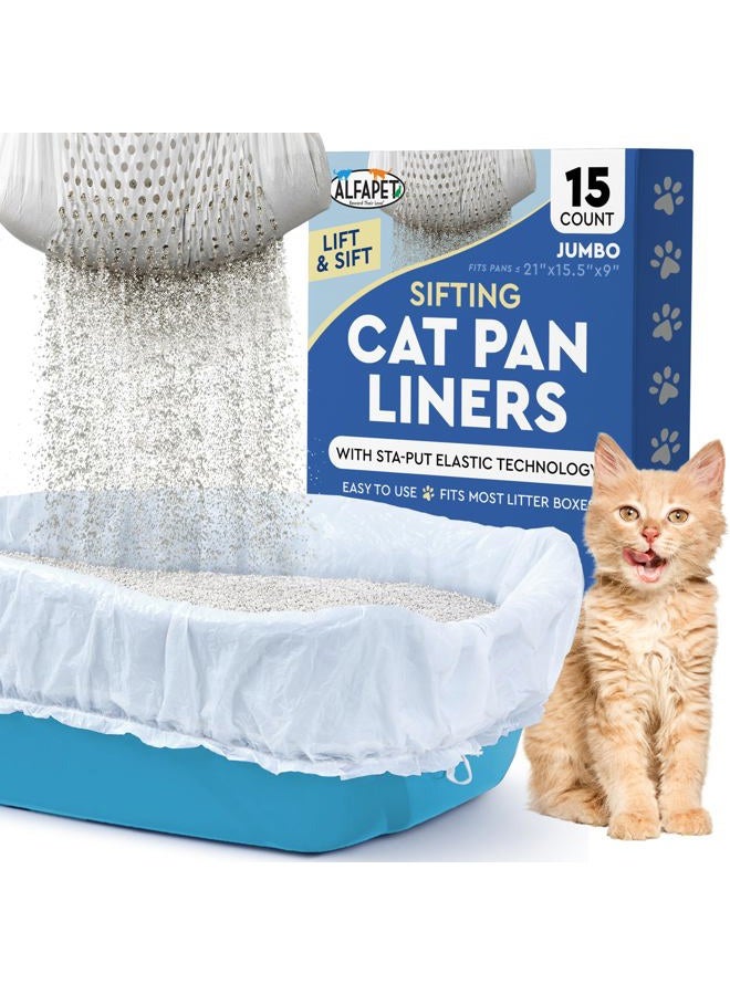 Alfapet Kitty Cat Pan Disposable, Elastic Sifting Liners- 15-Pack + 3 Solid Transfer Liner -For Large, X-Large, Giant, Extra-Giant Size Litter Boxes- With Easy Fit Sta-Put Technology (15 Count) - Image 1
