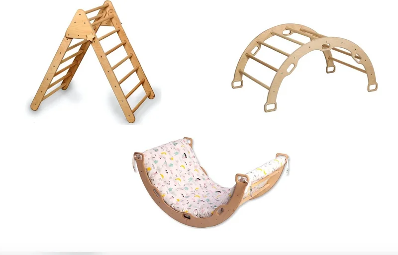 Kidoppo Pikler Climbing Set | Wooden Montessori Play Set and Activity Center | Triangle + Belt + Flamingo Pillow