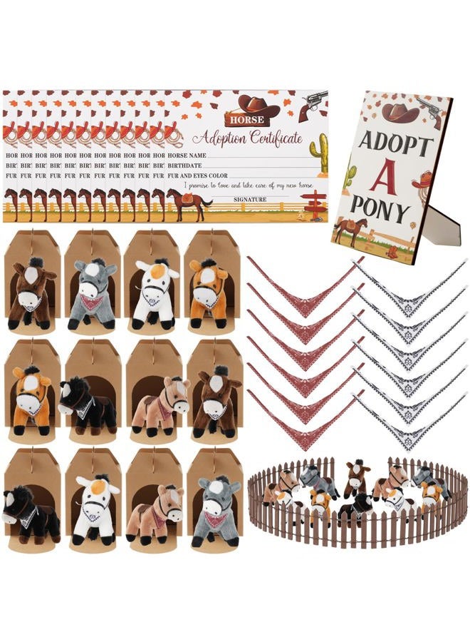 Wenceda Adopt a Horse Party Supplies, Horse Adopt Party Favor, 12 Stuffed Horse Centerpiece 12 Foldable Boxes 12 Mini Denim Scarf 12 Adoption Certificates Card 1 Adoption Sign for Horse Party Decoration Favor - Image 1