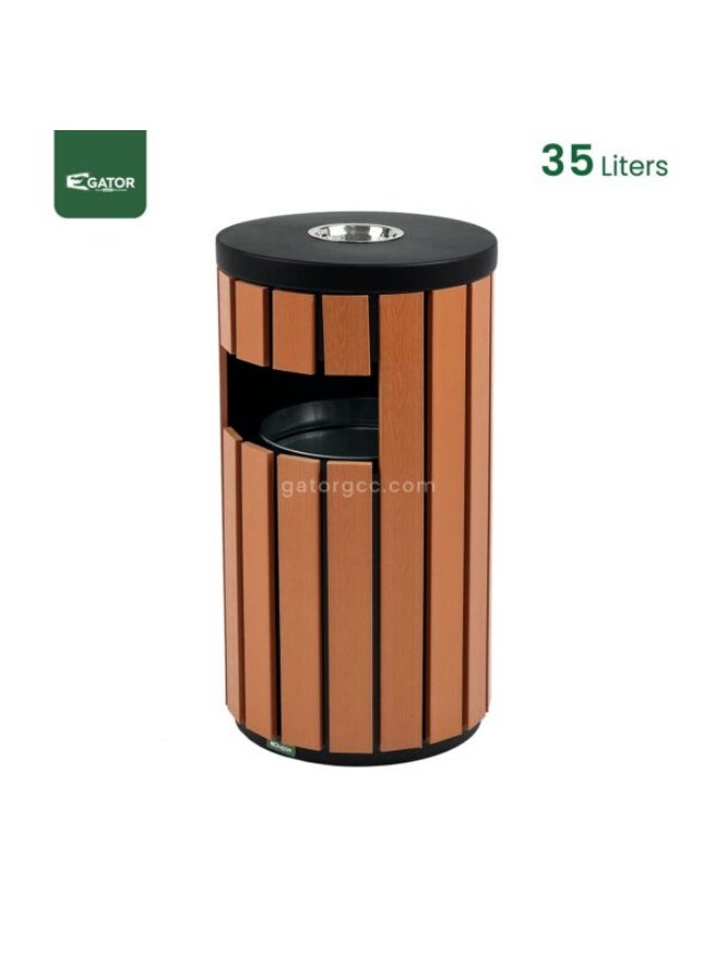 Gator Metal Round Ashtray Bin for Outdoor and Commercial Spaces | Plastic Wood Bar Design | Freestanding Waste and Cigarette Disposal | 35L | Wood Brown - Image 1