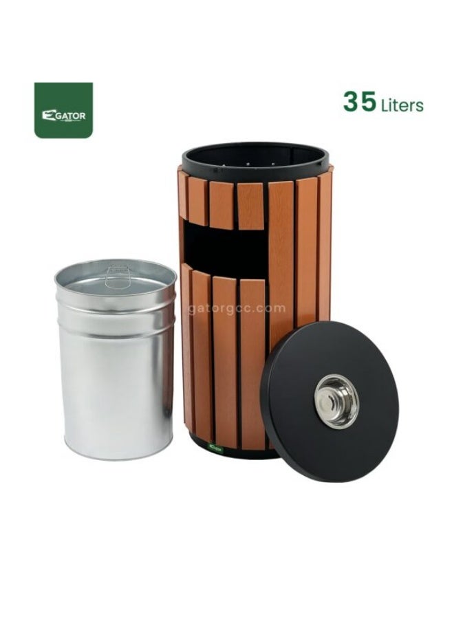 Gator Metal Round Ashtray Bin for Outdoor and Commercial Spaces | Plastic Wood Bar Design | Freestanding Waste and Cigarette Disposal | 35L | Wood Brown - Image 2