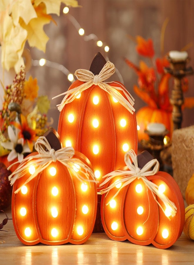 Grinsvalley 3 Pcs Light up Thanksgiving Pumpkin Decor Thanksgiving Farmhouse Pumpkins Sign Rustic Tiered Tray Decorations Table Centerpieces Standing Wooden Block Sign for Home Kitchen Halloween - Image 1