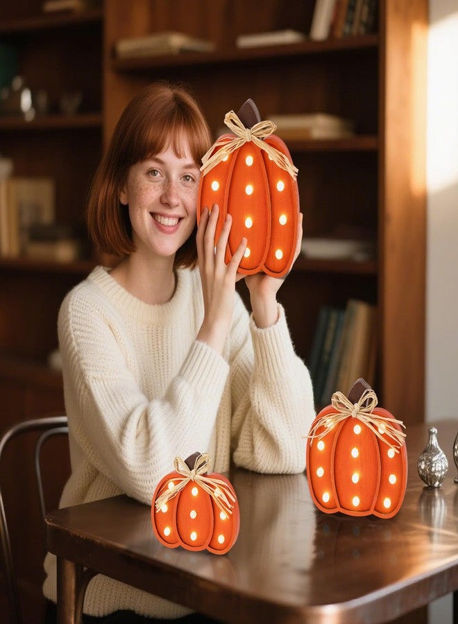 Grinsvalley 3 Pcs Light up Thanksgiving Pumpkin Decor Thanksgiving Farmhouse Pumpkins Sign Rustic Tiered Tray Decorations Table Centerpieces Standing Wooden Block Sign for Home Kitchen Halloween - Image 4