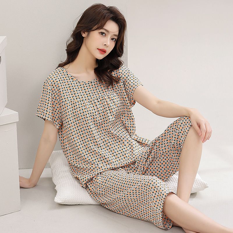 Short-sleeved Pajamas Women Summer Mother's Cotton Silk Women's Pajamas Can be Wearing for Middle-aged and Elderly Home Clothes Cotton Silk suit - Image 3