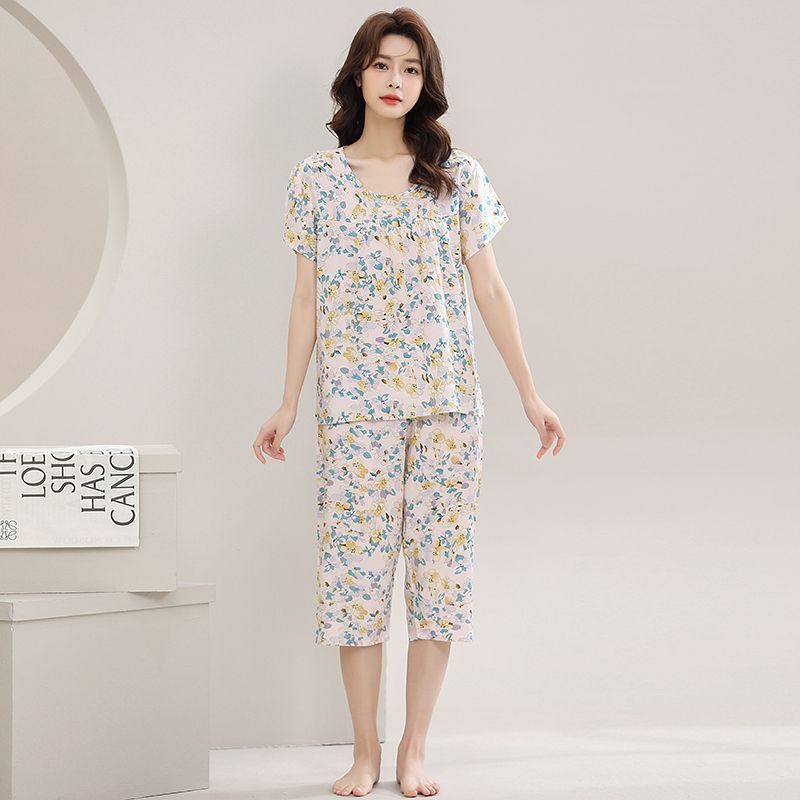 Short-sleeved Pajamas Women Summer Mother's Cotton Silk Women's Pajamas Can be Wearing for Middle-aged and Elderly Home Clothes Cotton Silk suit - Image 1