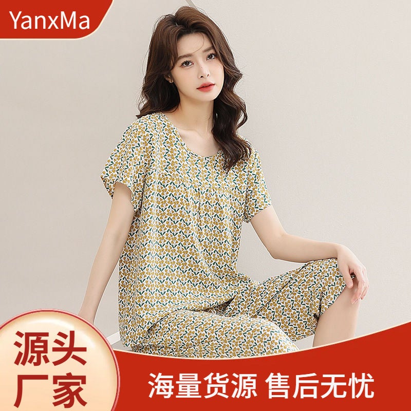 Short-sleeved Pajamas Women Summer Mother's Cotton Silk Women's Pajamas Can be Wearing for Middle-aged and Elderly Home Clothes Cotton Silk suit - Image 2