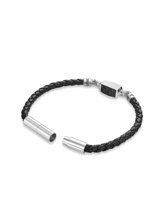 CERRUTI 1881  Orazio Silver and Black Leather Bracelet for Men | Best Price UAE