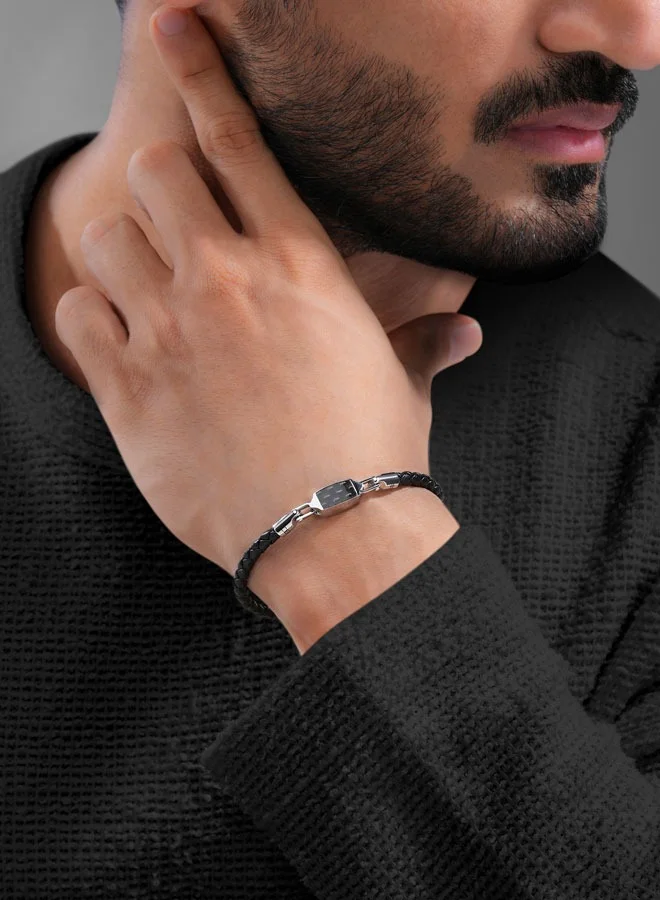CERRUTI 1881  Orazio Silver and Black Leather Bracelet for Men | Best Price UAE
