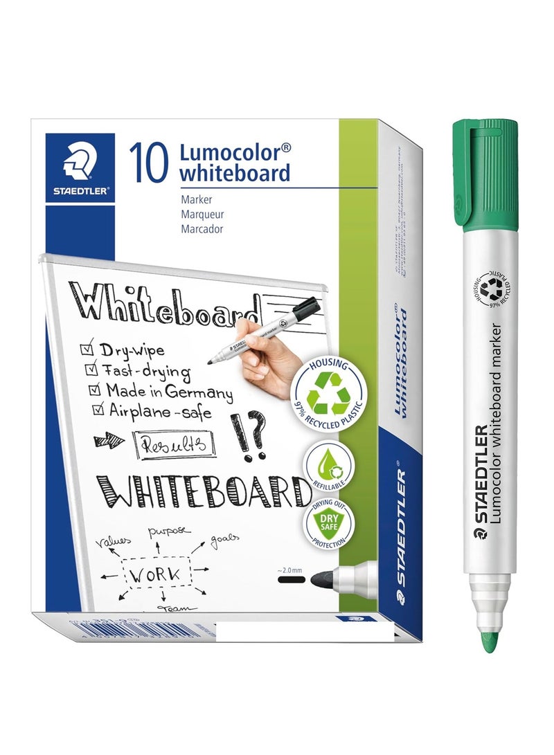 STAEDTLER 10-Piece Lumocolor Dry Erase Whiteboard Marker Bullet Tip Green Ink - Image 1