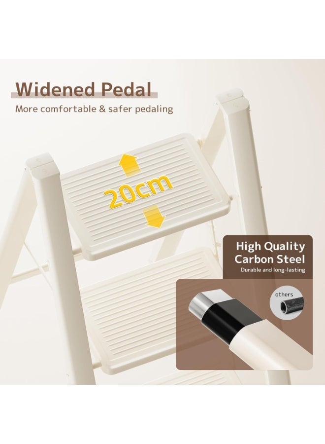 رات سو سلم منزلي عالي الجودة 3 خطوات طي البراز للبالغين الدواسات واسعة غير الانزلاق 150 كجم سعة الحمل متعددة الاستخدامات والحل المنزلي الآمن الأبيض - Image 3