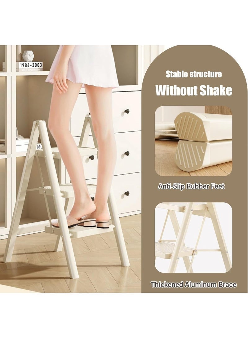 رات سو سلم منزلي عالي الجودة 3 خطوات طي البراز للبالغين الدواسات واسعة غير الانزلاق 150 كجم سعة الحمل متعددة الاستخدامات والحل المنزلي الآمن الأبيض - Image 5