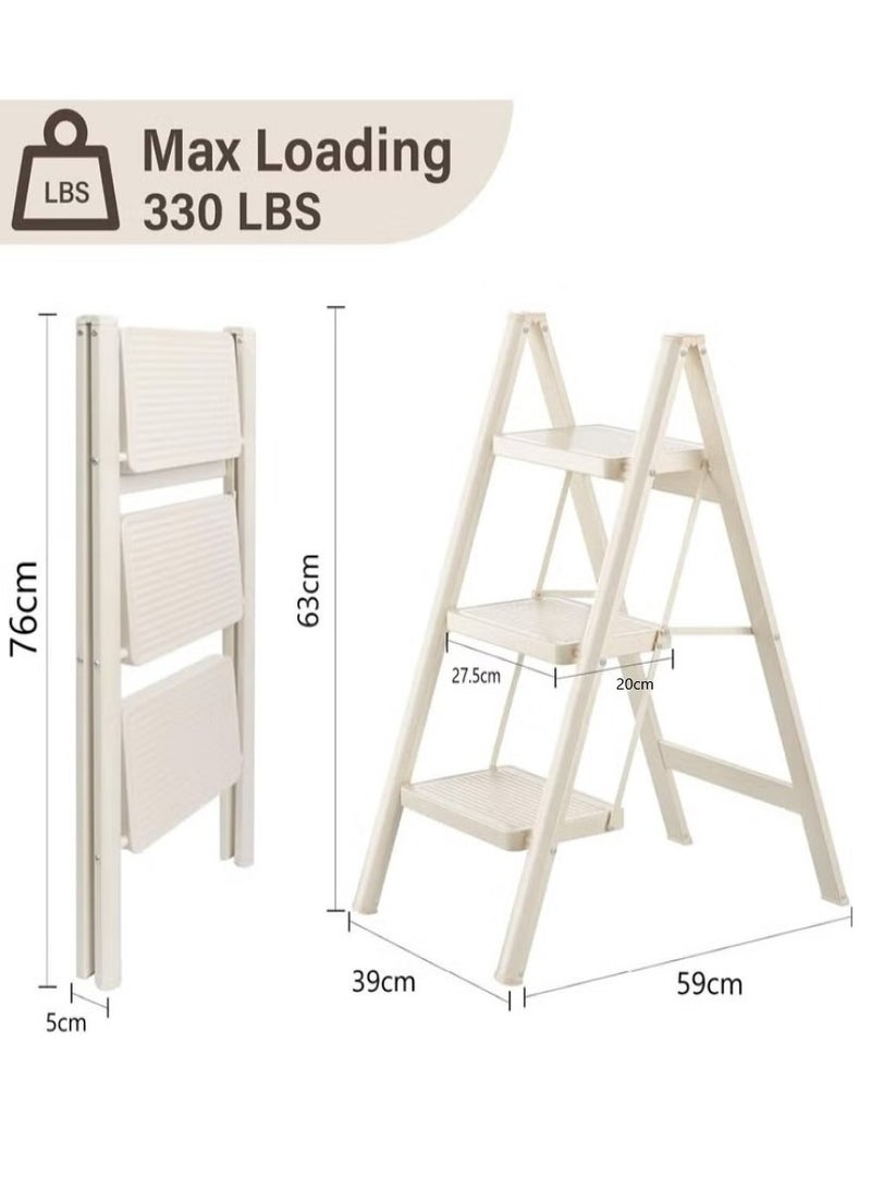 رات سو سلم منزلي عالي الجودة 3 خطوات طي البراز للبالغين الدواسات واسعة غير الانزلاق 150 كجم سعة الحمل متعددة الاستخدامات والحل المنزلي الآمن الأبيض - Image 2