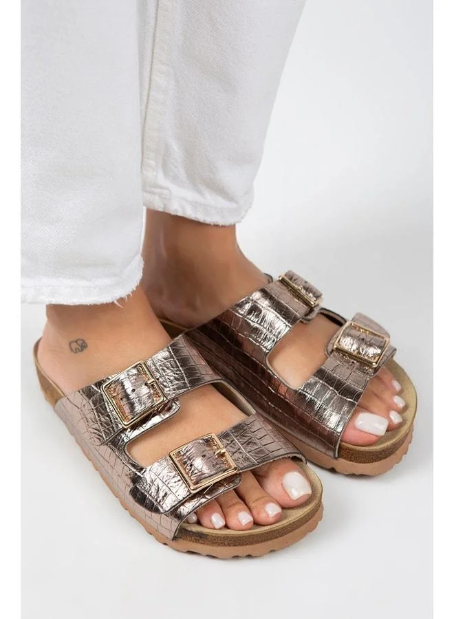 Manijero  Croco Women's Genuine Leather Double Buckle Crocodile Copper Slippers - Metallic for Women | Best Price UAE