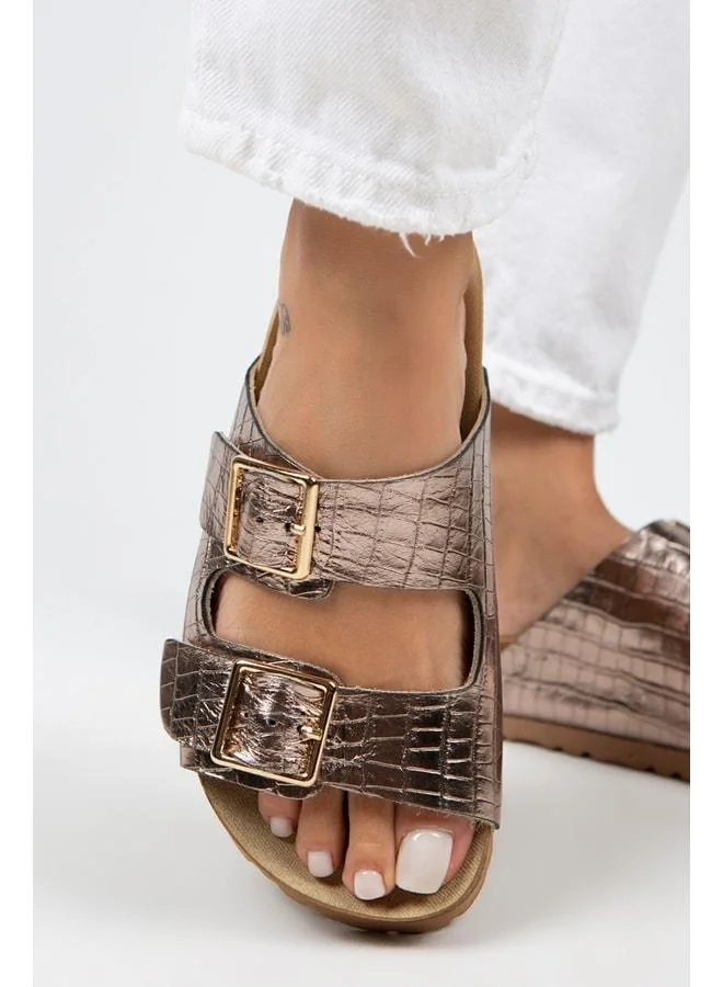 Croco Women's Genuine Leather Double Buckle Crocodile Copper Slippers - Metallic
