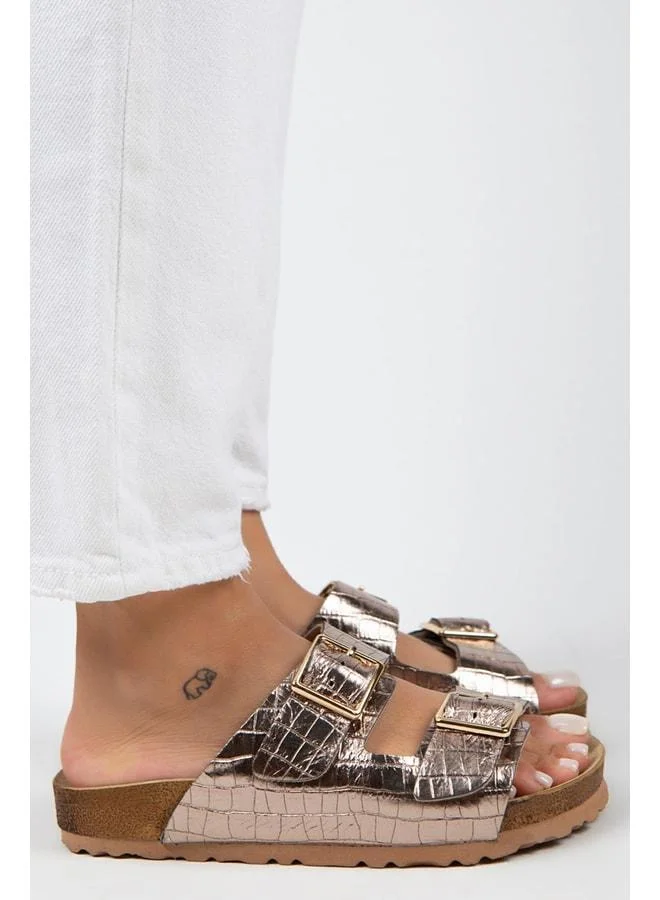 Manijero  Croco Women's Genuine Leather Double Buckle Crocodile Copper Slippers - Metallic for Women | Best Price UAE