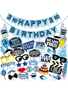 WOBBOX WOBBOX Third Birthday Photo Booth Party Props Blue for Baby Boy with 3rd Birthday Bunting Banner for Baby Boy in Blue, 3rd Birthday Decorations for Boys, Kids Birthday Party Decoration Items  - Image 1