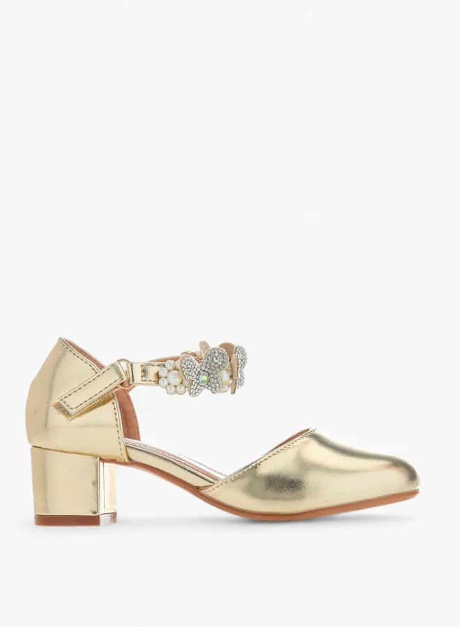 Girls Floral Embellished Heel Shoes With Hook And Loop Closure