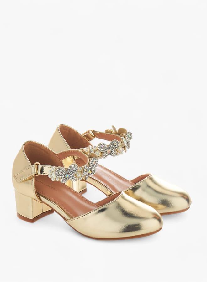 Flora Bella By Shoexpress Girls Floral Embellished Heel Shoes With Hook And Loop Closure Ramadan Collection - Image 2