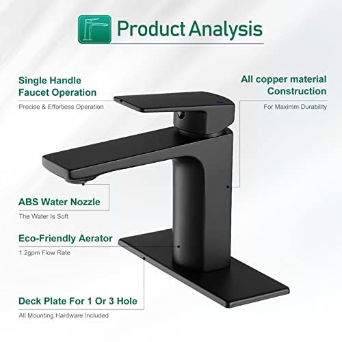 VOTON Matte Black Bathroom Faucet 1 Hole, Single Handle Bathroom Sink Faucets for 1 or 3 Hole with Supply Deck Plate and Hose, Basin, Rv, Lavatory Sink - Image 5