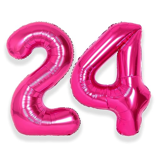 SUWEN 40 Inch Large Hot Pink 24 Number Balloons Big Foil Helium Number Balloons 09 Jumbo Happy 24th Mylar Birthday Party Decorations for Women 42 Anniversary Party Supplies - Image 1