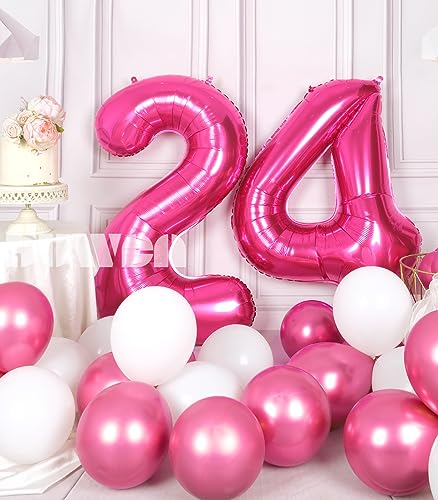 SUWEN 40 Inch Large Hot Pink 24 Number Balloons Big Foil Helium Number Balloons 09 Jumbo Happy 24th Mylar Birthday Party Decorations for Women 42 Anniversary Party Supplies - Image 5