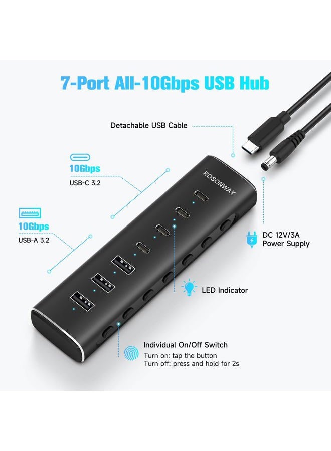 Rosonway 7 Ports Powered USB 3.2/USB C Hub 10Gbps with 4 USB-C 3.2, 3 USB-A 3.2 Ports, 3.3ft Cable and 36W(12V/3A) Power Adapter, Aluminum USB Splitter for Laptop, RSH-H7C4 - Image 2