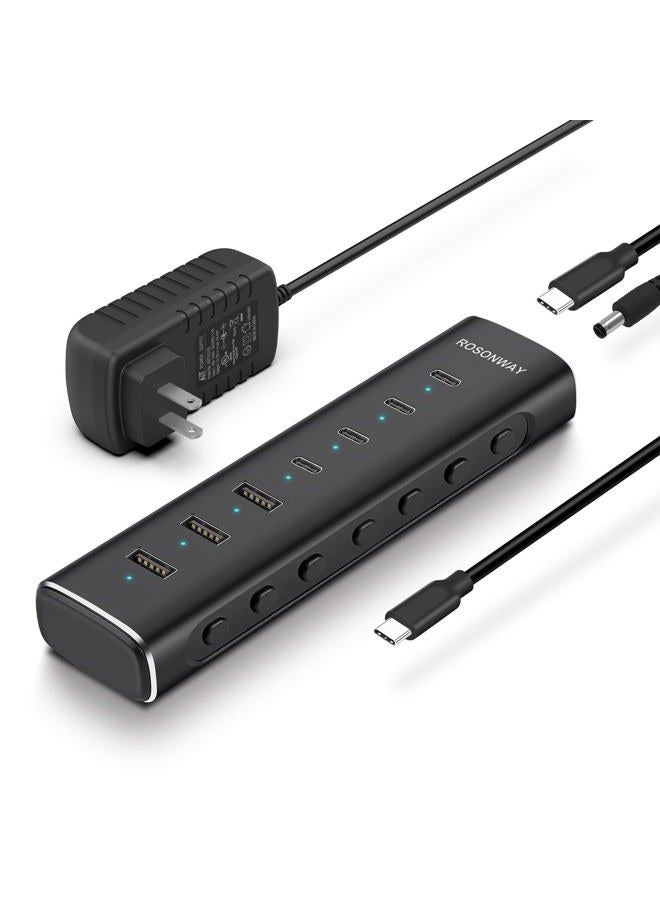 Rosonway 7 Ports Powered USB 3.2/USB C Hub 10Gbps with 4 USB-C 3.2, 3 USB-A 3.2 Ports, 3.3ft Cable and 36W(12V/3A) Power Adapter, Aluminum USB Splitter for Laptop, RSH-H7C4 - Image 1